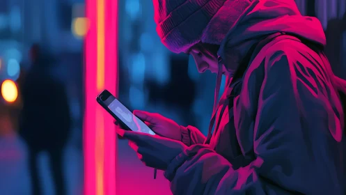 Cozy city night moment with a phone and neon glow.