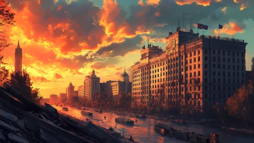 Golden sunset pours warmth over a quiet riverside city