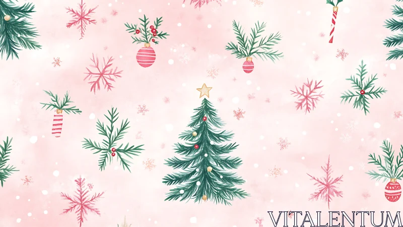 Watercolor Christmas tree pattern on soft pink background.