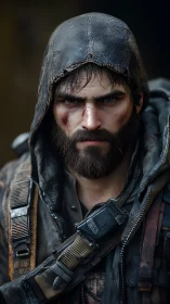 Hooded male figure in worn tactical clothing faces forward
