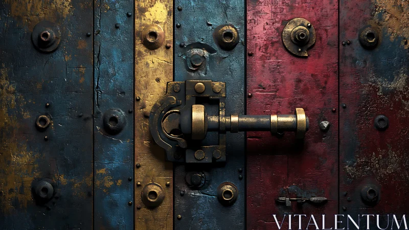 Weathered metal door lock gleams on bold tricolor panels.