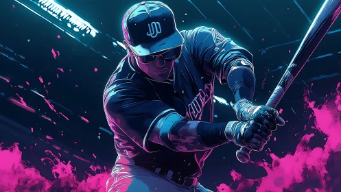 Neon-lit slugger carves electric arcs through night stadium.