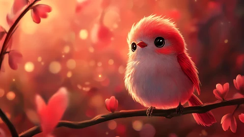 Adorable Cartoon Bird on Branch in Warm Glowing Fantasy Style.