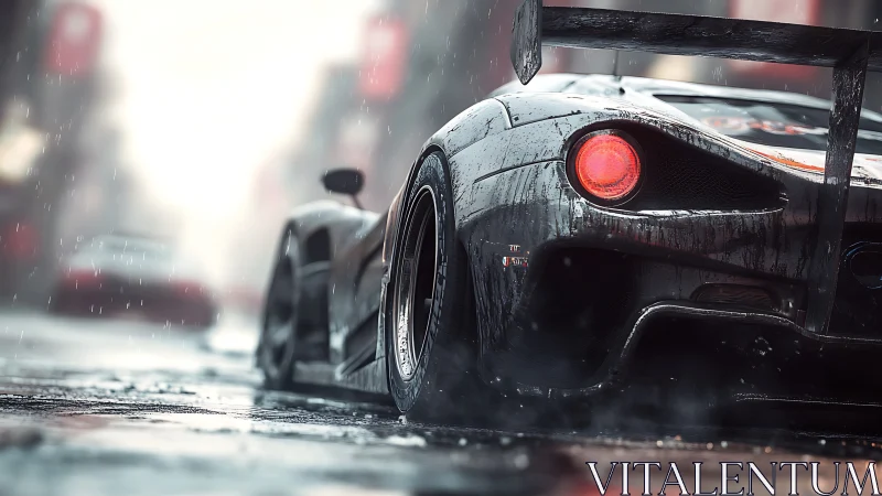 Race car rear in wet city street with rain falling