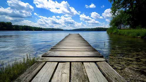 Sunlit wooden pier stretching into a glassy blue lakescape.