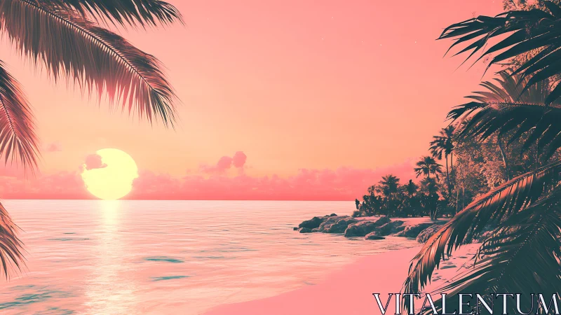 Neon tropical coastline at sunset in stylized digital painting.