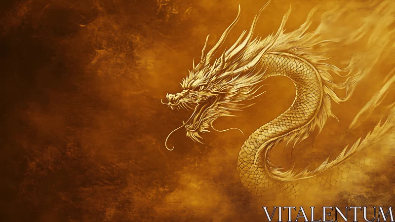 Golden dragon coils through firelit mist in dramatic profile
