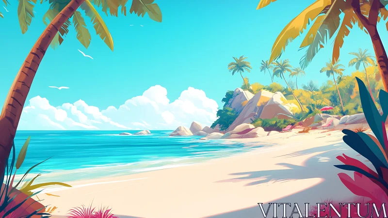 Tropical Island Beach with Palm Trees and Boulder Formations