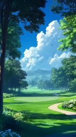 Sunlit forest golf fairway under towering summer clouds.