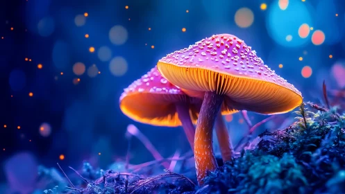 Bioluminescent-style mushrooms in blue forest glow.