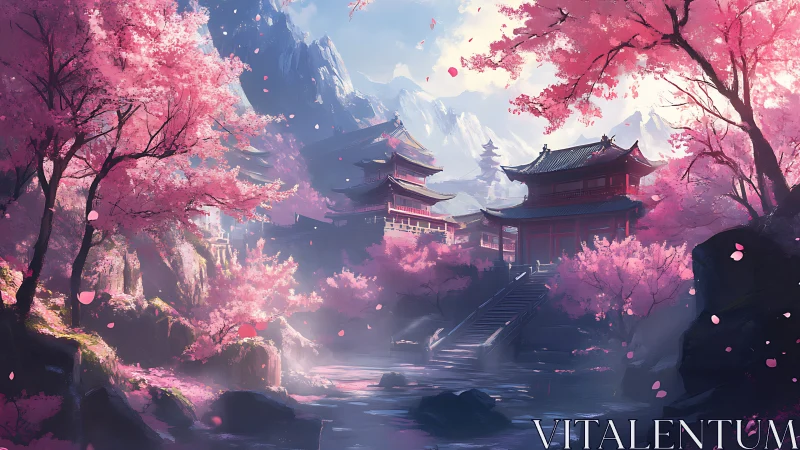 Cherry blossom valley frames multi-tiered temple complex