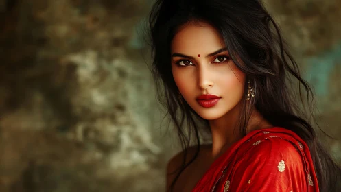 Portrait of woman in red sari with neutral background.