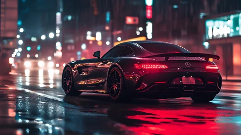 Mercedes sports car on wet neon city street at night.