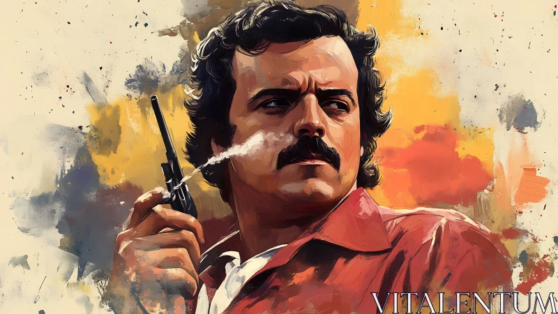 Brooding mustachioed rebel in bold painted colors.