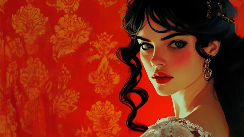Elegant dark-haired woman posed before ornate red damask