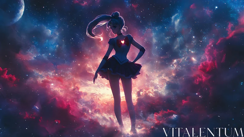 Celestial anime heroine emerges from radiant cosmic nebula.