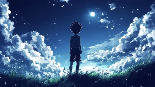 Lone anime boy under moonlit sky and glowing clouds.