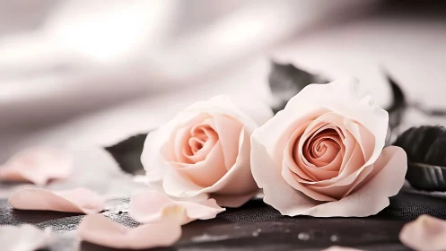 Blush Pink Roses on Dark Surface with Scattered Petals
