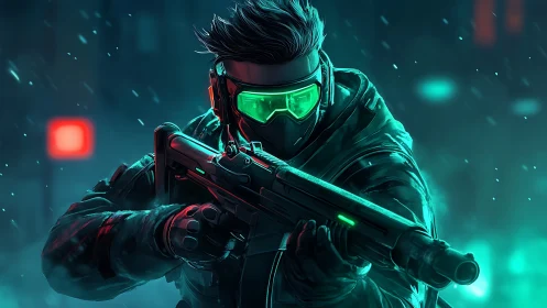 Neon night operative ready for action in glowing city storm.