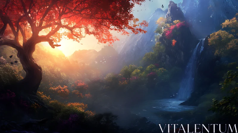 Sun-scorched crimson tree guards a mist-veiled waterfall valley