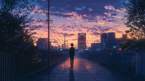 Silhouette stands on wet city bridge under vivid sunset sky