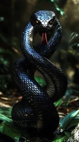 Gleaming black serpent poised calmly in soft jungle light.
