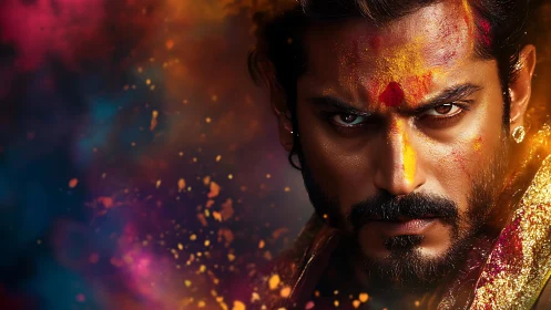 Warpainted gaze carves fire through swirling festival nebula