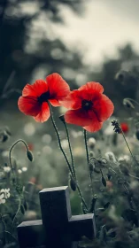 Red Poppies with Stone Cross in Defocused Landscape
