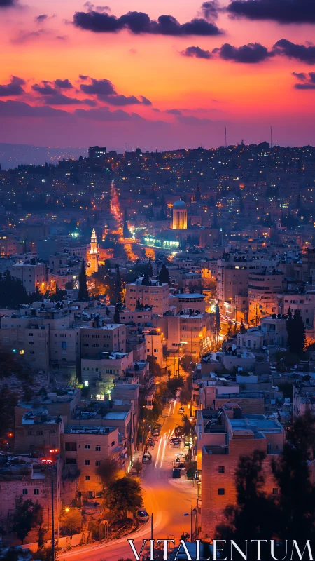 Sunset city lights glowing softly along a winding avenue.