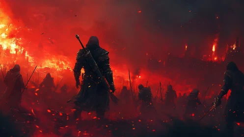 Hooded warriors advance toward a burning city in red smoke