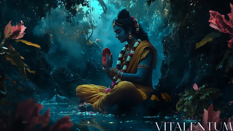 Divine blue yogi meditating beside luminous forest pool.