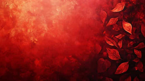 Red tonal abstract background with scattered painted leaves.