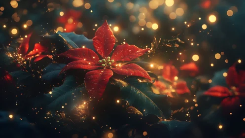 Glowing poinsettia blooms shimmer in warm festive lights