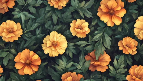 Marigold blossoms layered over deep green botanical foliage.