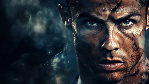 Intense male face in close-up with dirt, sweat and focus