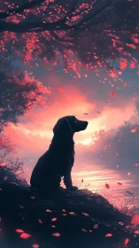 Silhouetted dog at sunset beside glowing tranquil lake.