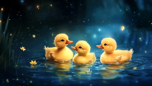 Starlit duckling trio drifting through a glowing blue pond.