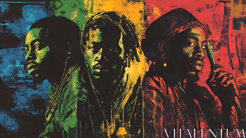 Triptych portrait of three men on textured color bands.