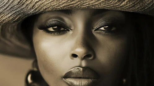 Close-up portrait of woman in sepia tones with artistic hat.