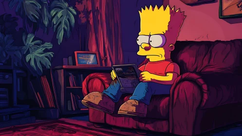 Cartoon kid unwinding on a cozy couch with a tablet.