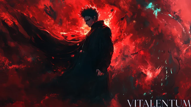 Solitary dark figure encircled by turbulent crimson energy field