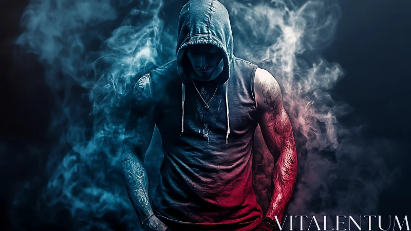 Hooded tattooed figure emerges from neon smoke and shadow.
