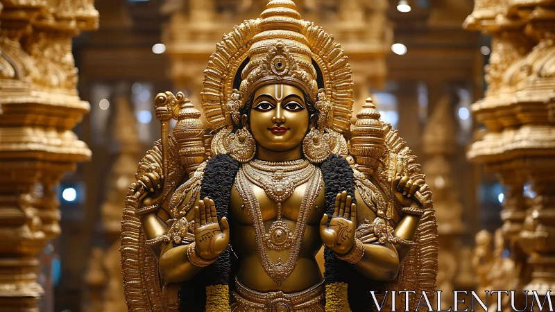Golden Hindu deity statue radiates serene spiritual majesty