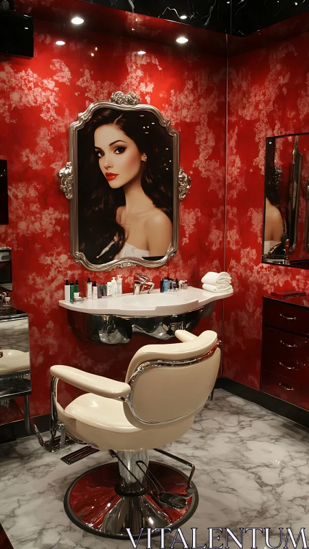 Glamorous red salon corner captures luxurious beauty ritual