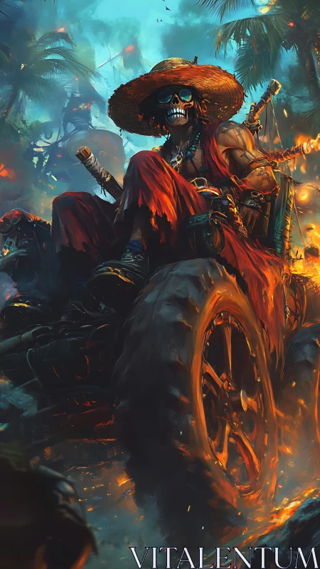 Skeleton rider drives burning off-road vehicle through jungle