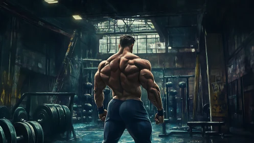 Muscular man stands alone in dark, industrial style gym.