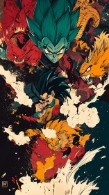 Explosive anime warriors racing through a storm of power.