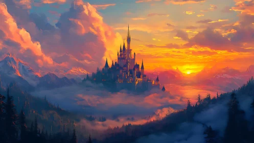 Mountain castle stands amid clouds under structured sunset sky