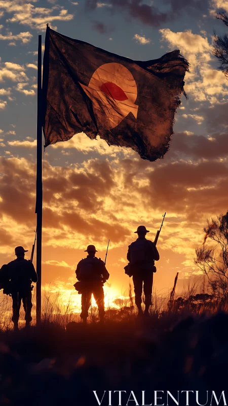 Silhouetted soldiers stand under worn flag at sunset sky