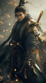 Storm-eyed Wuxia guardian draped in ember-kissed armor.